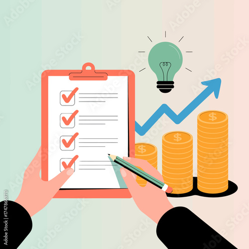 This image illustrates a corporate strategic plan, highlighted with checkmarks, a light bulb, and a bar graph, alluding to growth, efficiency, and innovative thinking in business.