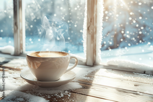 photo of a steaming cup of coffee on a wooden table near a frosty window
