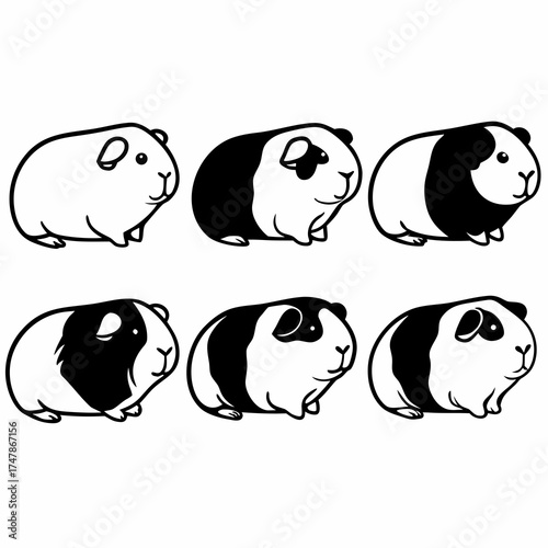Six guinea pig icons in black and white in a full body view