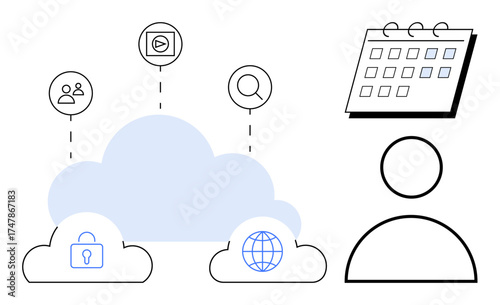 Cloud linking icons, global network, user, security, calendar, and search. Ideal for organization, data sharing collaboration scheduling digital security connectivity productivity. Simple flat
