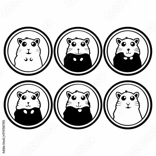 Group of six cartoon hamsters in various poses, vector illustration