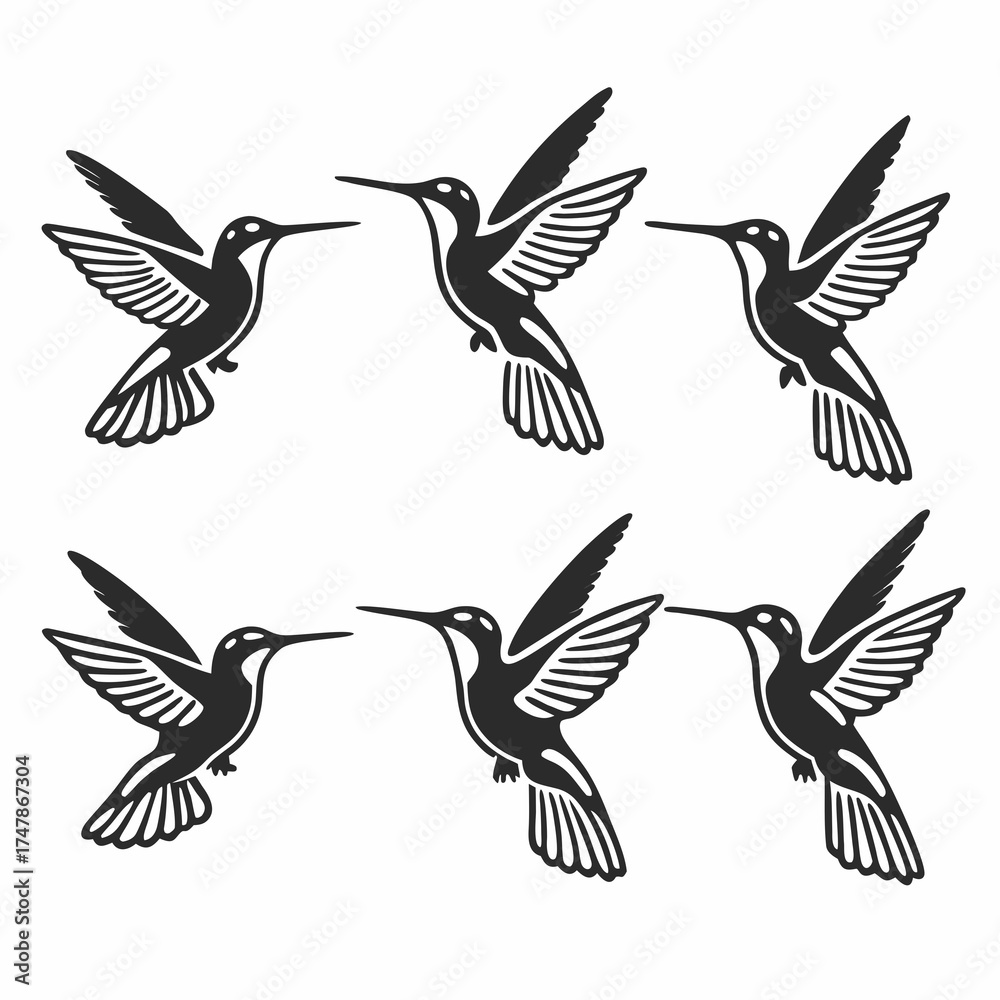 Fototapeta premium Collection of six hummingbird icons in black, featuring flying birds in different poses