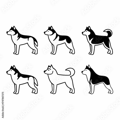 Collection of six husky dog icons in black and white vector illustration