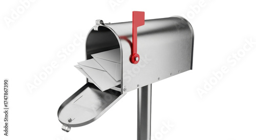 Isolated silver mailbox on a metal pole with red flag and open door stuffed with letters