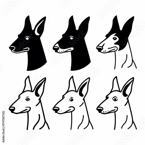 Six stylized podenco canario dog heads in a group, vector illustration