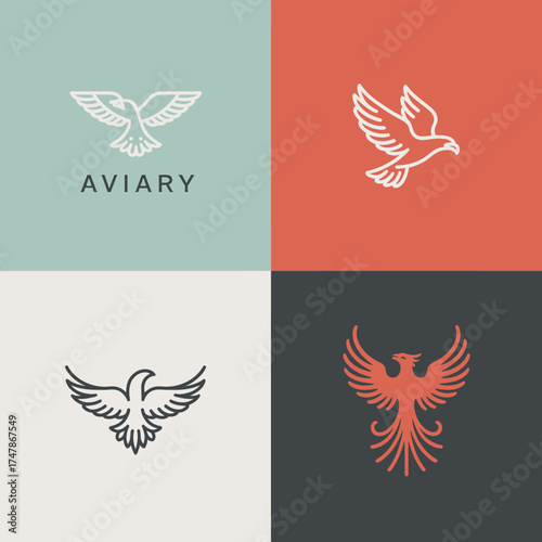 This collage showcases various aviary logo designs highlighting avian creativity and elegant visual elements, perfect for companies focused on nature and avian themes.