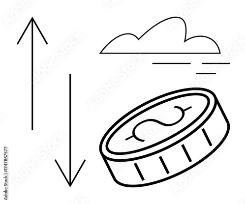 Coin spinning with currency sign, flanked by upward and downward arrows under a cloud, representing decisions, choice, luck, risk, opportunity, game, and economy in a simple flat metaphor
