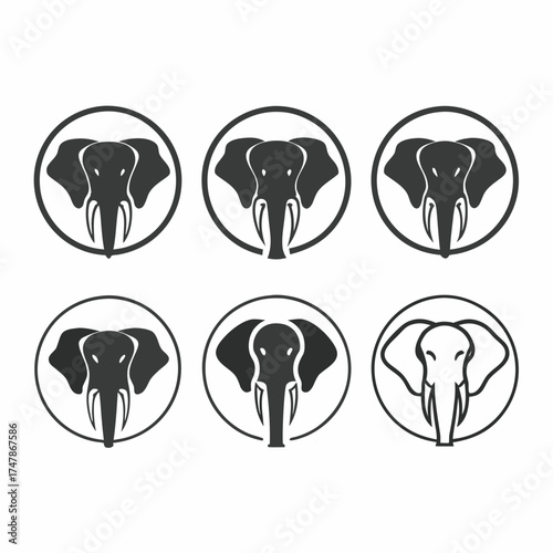 Collection of elephant head icons inside a circle, , in various styles