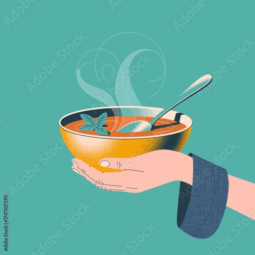 The image depicts a vibrant bowl of soup garnished with fresh herbs, representing health, nourishment, and the enjoyment of flavorful homemade cuisine.