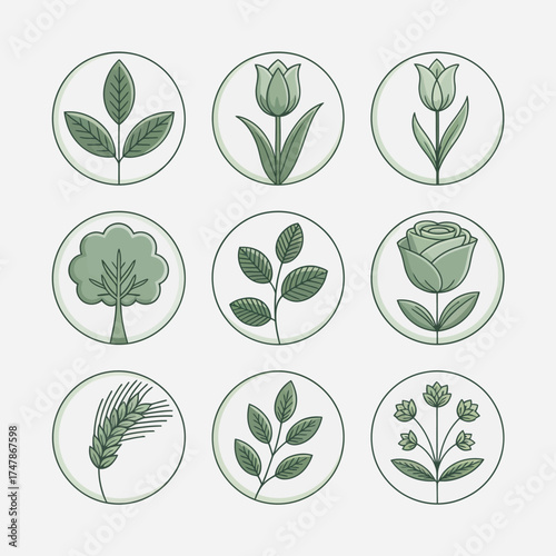 This detailed collection of floral icons emphasizes nature's elegance and harmony, set in soothing green tones and refined illustrations that evoke a sense of calm and serenity.
