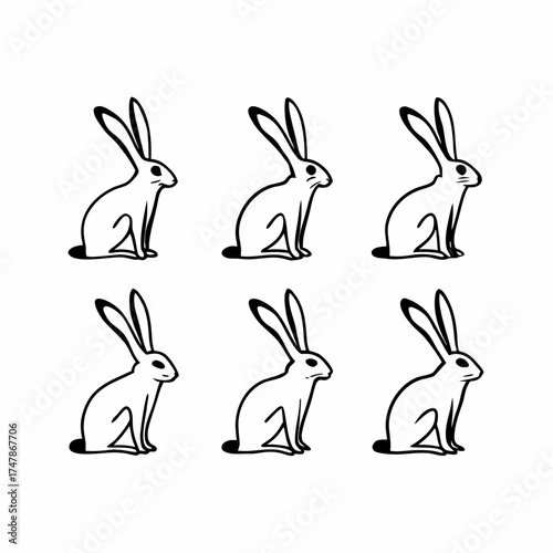Six white rabbit outlines, a simple and elegant design for various applications