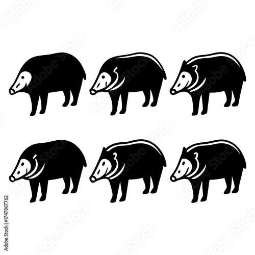 Six black and white stylized wild boar, each with a unique design variation