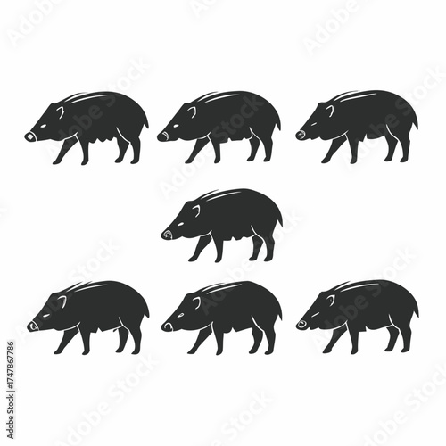 Seven black and white stylized wild boar, each with a unique design variation