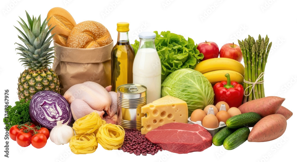 Obraz Isolated assortment of diverse food items, nutrition, healthy eating, balanced diet, shopping