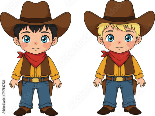 Cartoon children dressed as cowboys with hats and boots, educational vector illustration for western theme, costume, playtime, and diversity