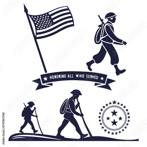 American soldiers and flag honoring veterans with text banner military American flag