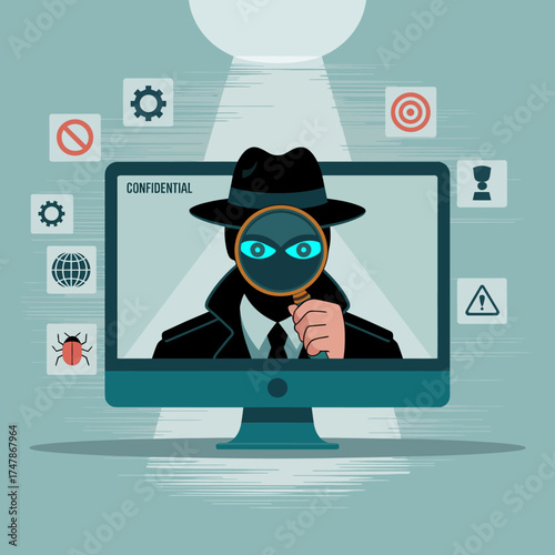 A mysterious figure in a hat uses a magnifying glass to symbolize the importance of confidentiality and vigilance in cybersecurity in today’s digital world.