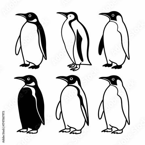 Set of six emperor penguins in different poses in vector format