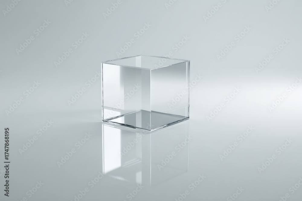Fototapeta premium Transparent cube floating above reflective white surface, minimalistic geometric shape, modern clean design, clear glass material, abstract concept, calm serene atmosphere