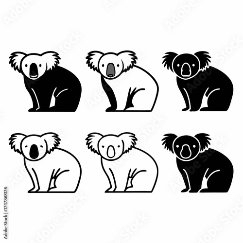 Six koala bears in different poses, cute and cuddly animals from australia