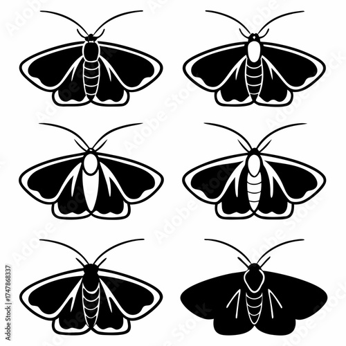 Set of six moth icons in black and white, each with unique wing patterns
