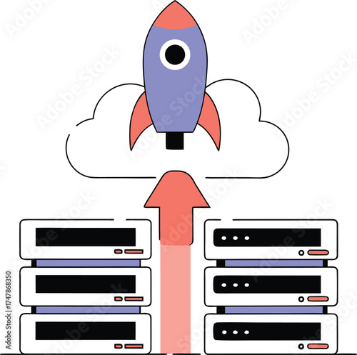 Rocket launching from server stacks into cloud vector illustration for data migration and cloud computing concept isolated on white background