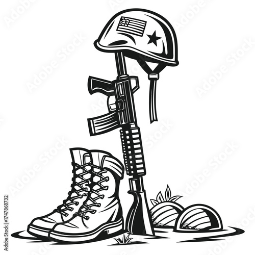 Fallen Soldier Memorial with Rifle Helmet and Boots Black and White Keywords: Fallen soldier, memorial