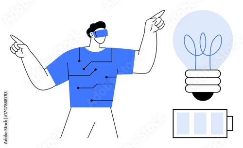 VR user pointing interactively, with circuit-filled shirt, lightbulb symbolizing innovation, battery for power. Ideal for technology, virtual reality, creativity, energy, innovation futurism