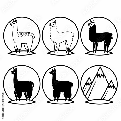 Collection of llamas and mountains in black and white circles