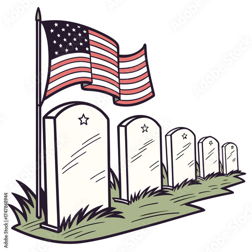 Gravestones and American flag in a row with grass and stars Keywords: veterans day, cemetery, gravestones
