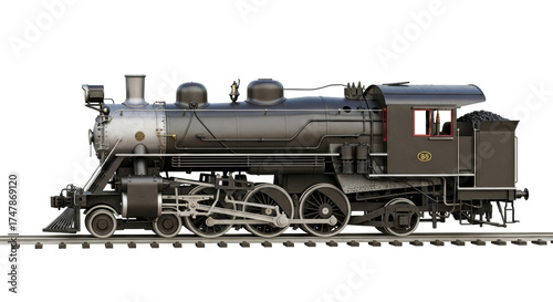 Cuadro en lienzo Isolated antique railroad steam locomotive train on tracks, detailed design, bla