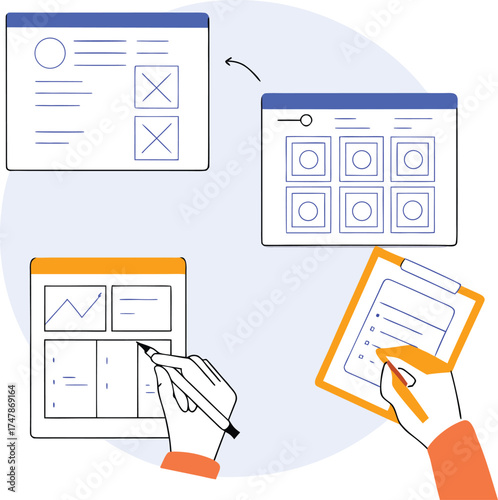 UX design process illustration showing wireframes and hand drawing vector concept for app development and user interface planning