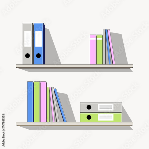 Vector illustration of two bookshelves with neatly organised books, file folders and ring binders for office or archive storage.