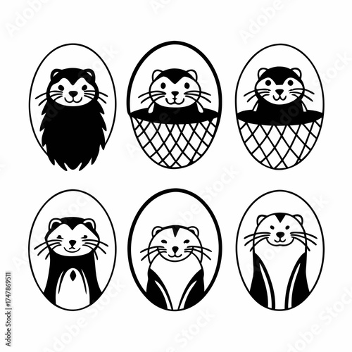 Set of six cute ferret illustrations, showcasing various poses and expressions