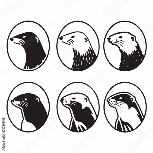 Collection of six otter head profiles in black and white, showcasing diverse designs