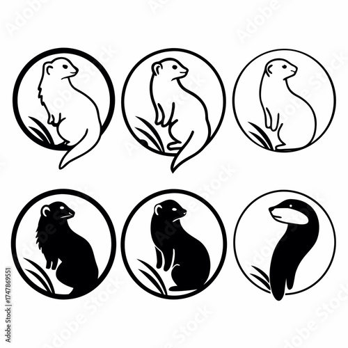 Set of six ferret icons in various poses, , showcasing different perspectives of the animal