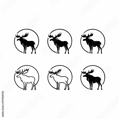 Collection of moose silhouettes in various poses for logo or graphic design