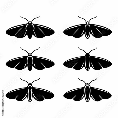 Six moths in a pattern, black vector illustration of insects in silhouette