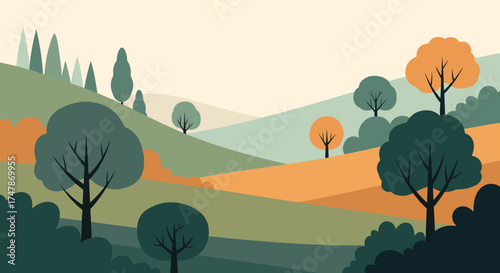A picturesque rolling landscape with diverse trees and rolling hills.