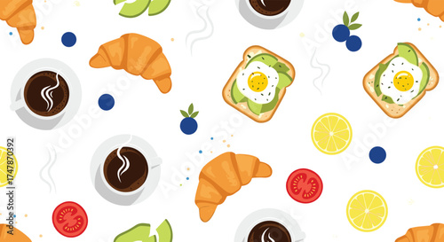 A delightful breakfast spread featuring coffee croissants and avocado toast.