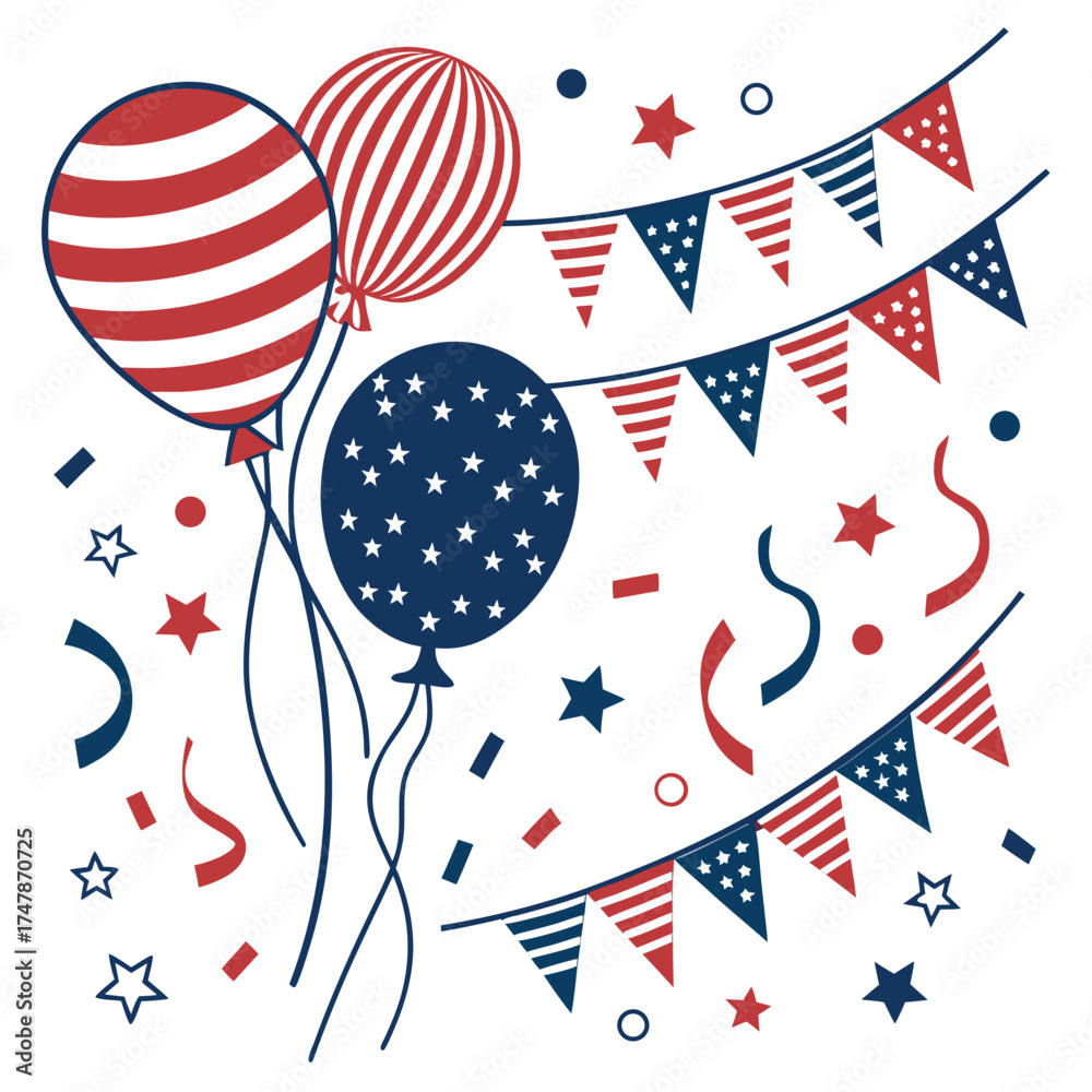 Obraz premium Red white and blue balloons and bunting for celebration vector illustration