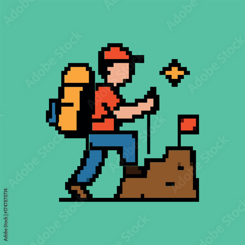 Pixelated hiker climbing peak with flag, ideal for adventure, motivation, success concepts in designs, presentations, websites, social media.
