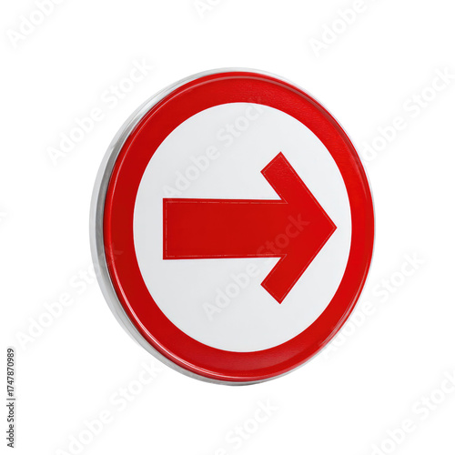 Free Download A round red and white sign featuring a bold red arrow pointing right, indicating direction or movement, isolated on a transparent background. background removed - GFXLoad
