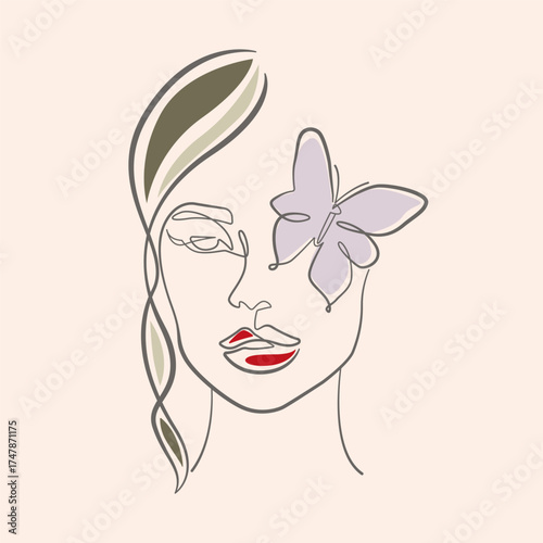 Woman Face with Butterfly One Line Drawing. Modern Trendy Continuous Line Art of Beautiful Female Face. Minimalist Style Hand Drawn Vector Illustration for Prints, Social Media, Wall Art, Tote Bag