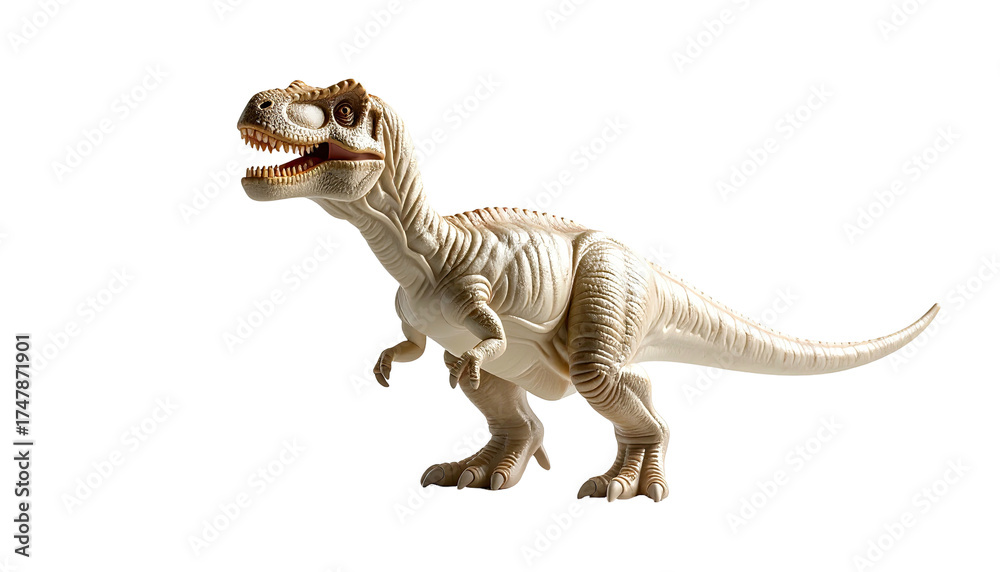 Obraz premium A light beige plastic dinosaur toy stands on a transparent background, open-mouthed