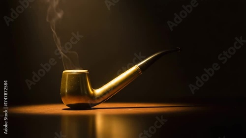 Classic smoking pipe with smoke on wooden table in dim light  