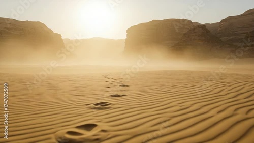 Footprints in the sandy desert landscape during golden hour  
