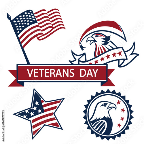 Veterans Day graphic elements with American flags, eagle and stars Keywords: veterans day, american flag