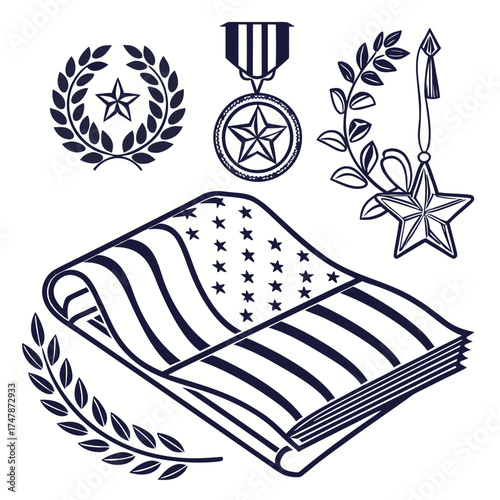 Veterans Day symbols including folded flag, medals, and laurel wreaths Keywords: veterans day, american