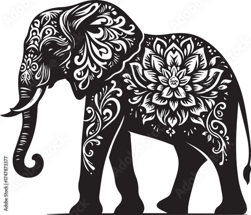 Elegant elephant silhouette with intricate floral patterns for sophisticated design